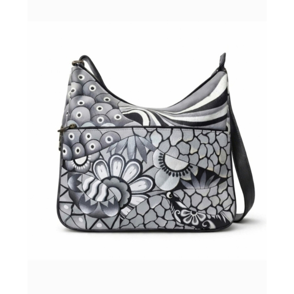 Anuschka Handbags - Anuschka Hand Painted Leather Hobo Bag Pewter Floral Patchwork Art NWT